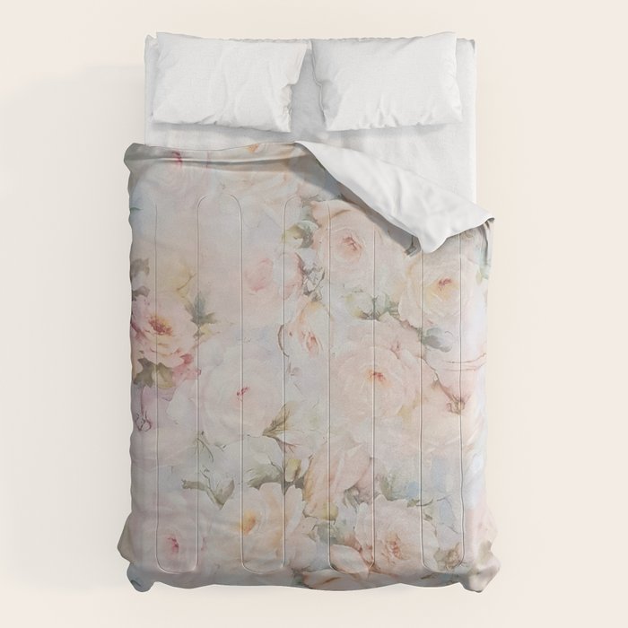 Vintage Romantic Blush Pink Ivory Elegant Rose Floral Comforter