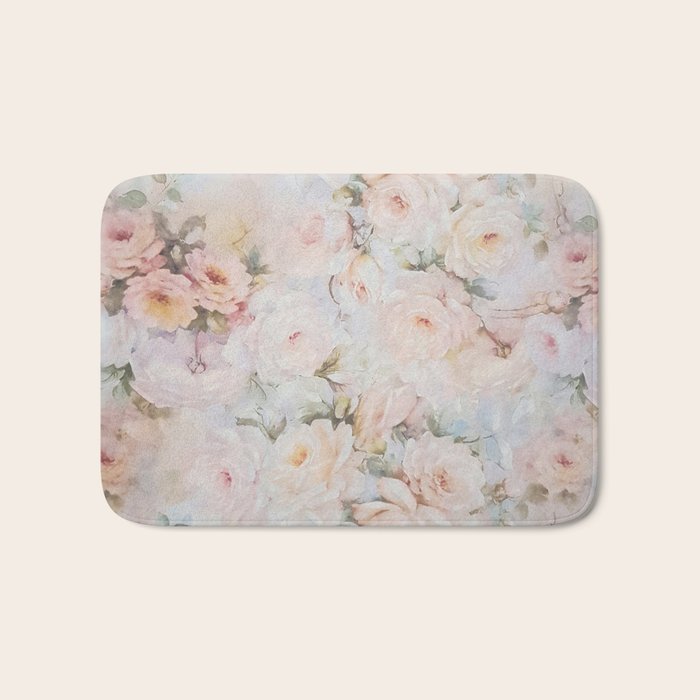 Vintage Romantic Blush Pink Ivory Elegant Rose Floral Bath Mat