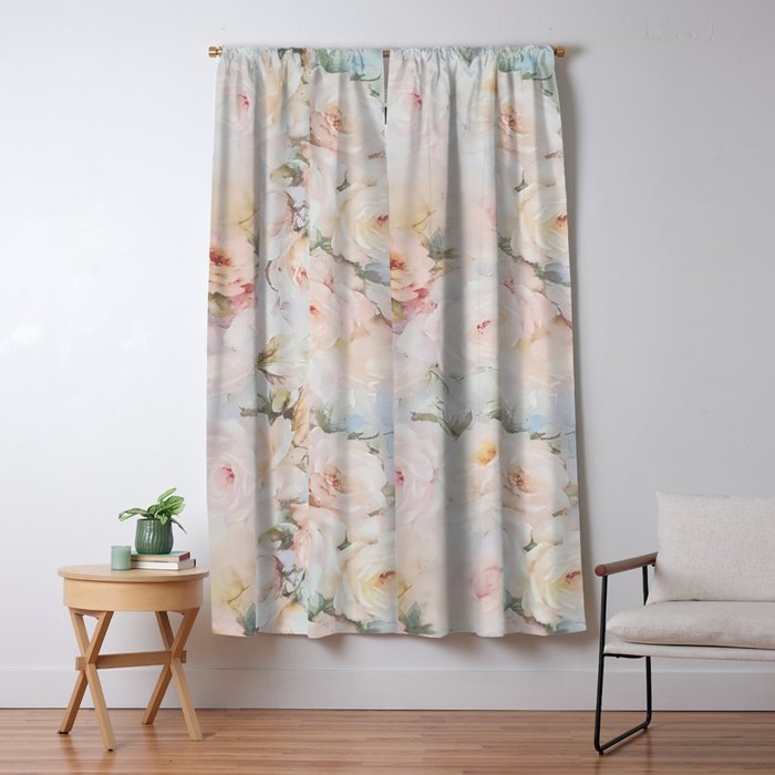 Vintage Romantic Blush Pink Ivory Elegant Rose Floral Window Curtain