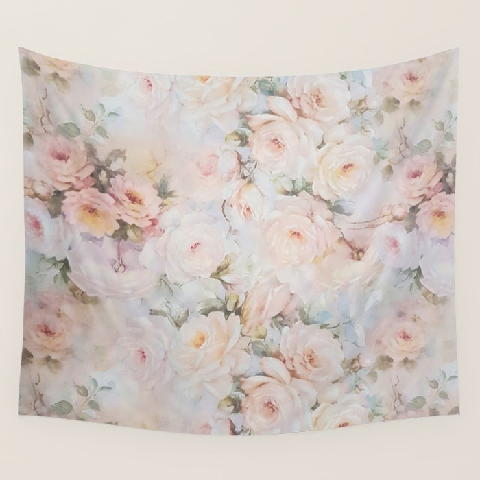 Vintage Romantic Blush Pink Ivory Elegant Rose Floral Wall Tapestry