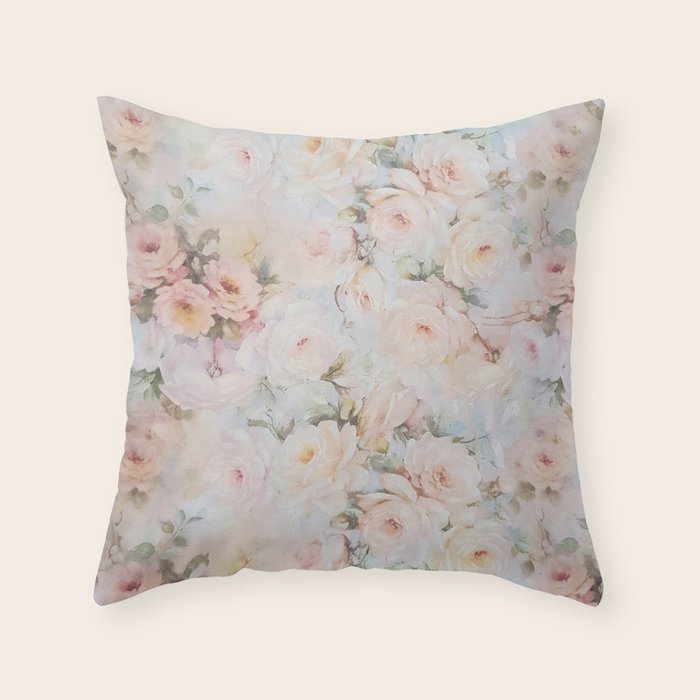 Vintage Romantic Blush Pink Ivory Elegant Rose Floral Throw Pillow