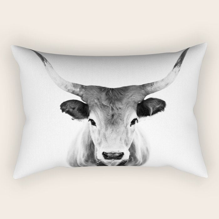 Wild Longhorn Cow Print - Black White Cow Portrait - Animal - Travel Photograpy Rectangular Pillow