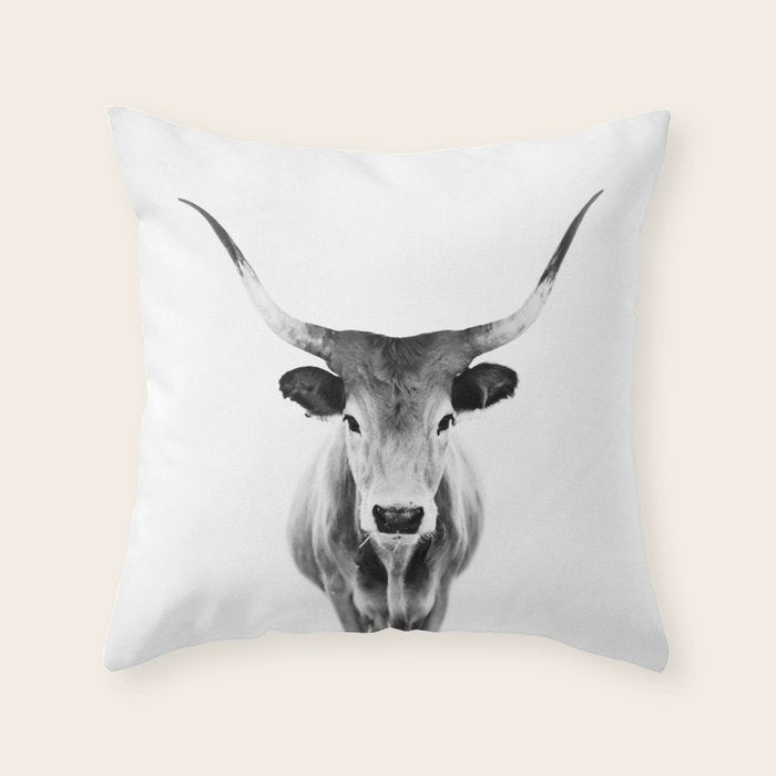Wild Longhorn Cow Print - Black White Cow Portrait - Animal - Travel Photograpy Throw Pillow