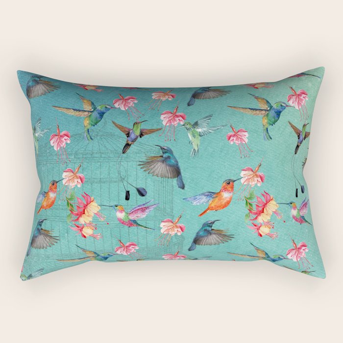 Vintage Watercolor Hummingbirds And Fuchsia Flowers Rectangular Pillow