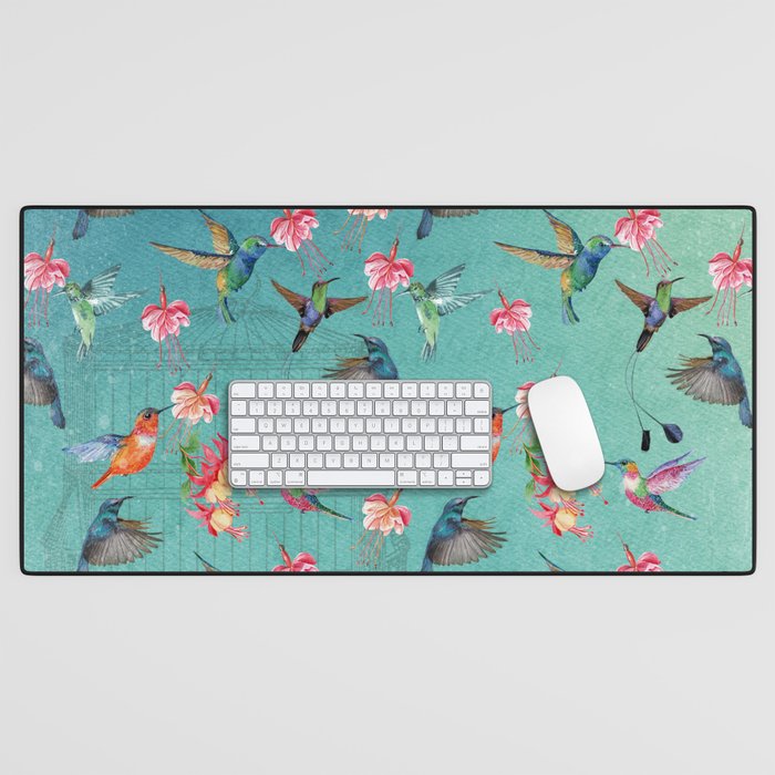 Vintage Watercolor Hummingbirds And Fuchsia Flowers Desk Mat