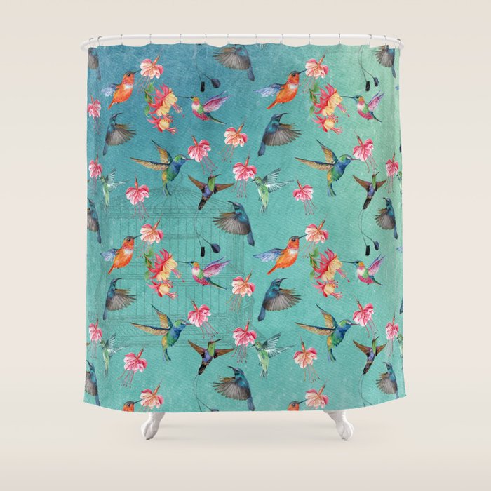 Vintage Watercolor Hummingbirds And Fuchsia Flowers Shower Curtain