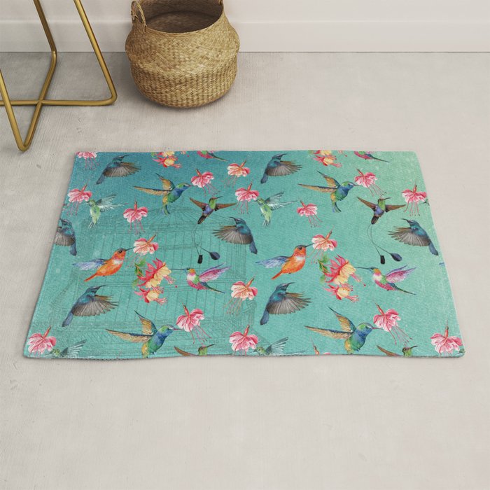 Vintage Watercolor Hummingbirds And Fuchsia Flowers Rug