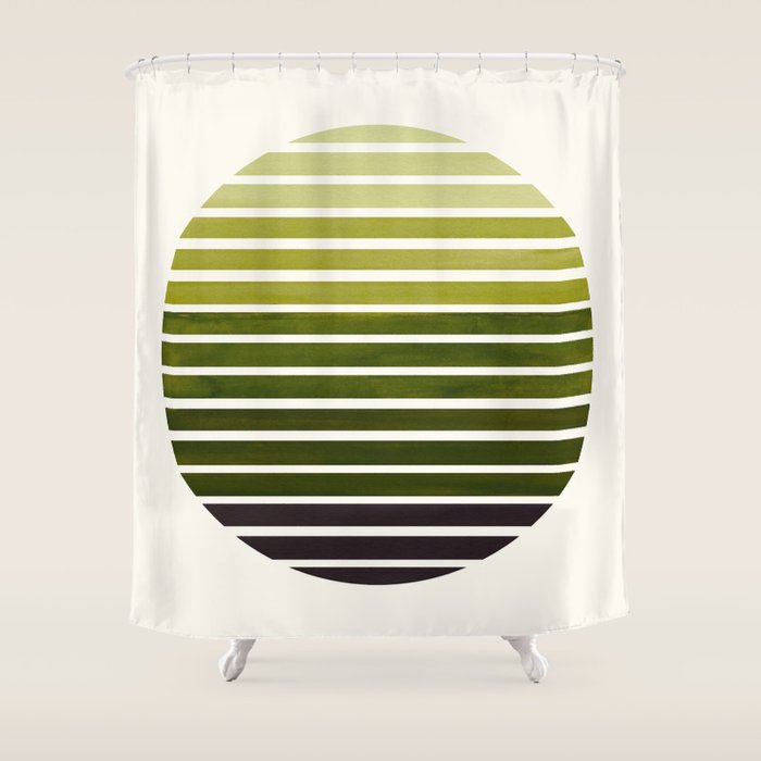 Olive Green Mid Century Modern Minimalist Scandinavian Colorful Stripes Geometric Pattern Round Circ Shower Curtain
