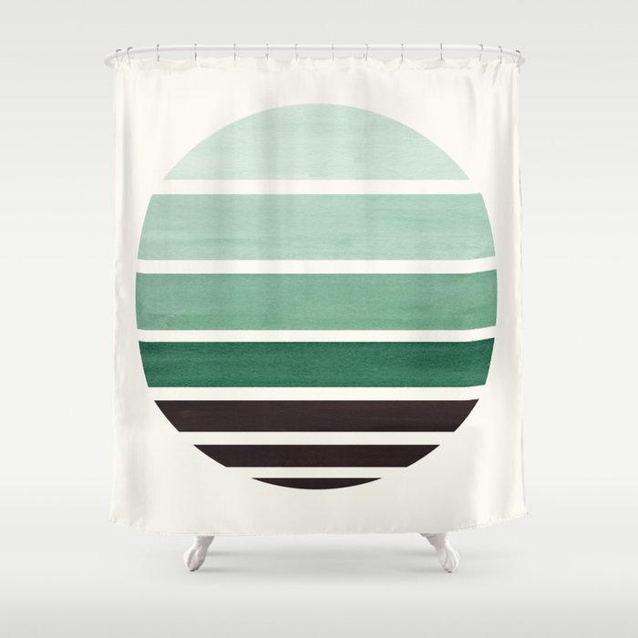 Deep Green Mid Century Modern Minimalist Circle Round Photo Staggered Sunset Geometric Stripe Design Shower Curtain
