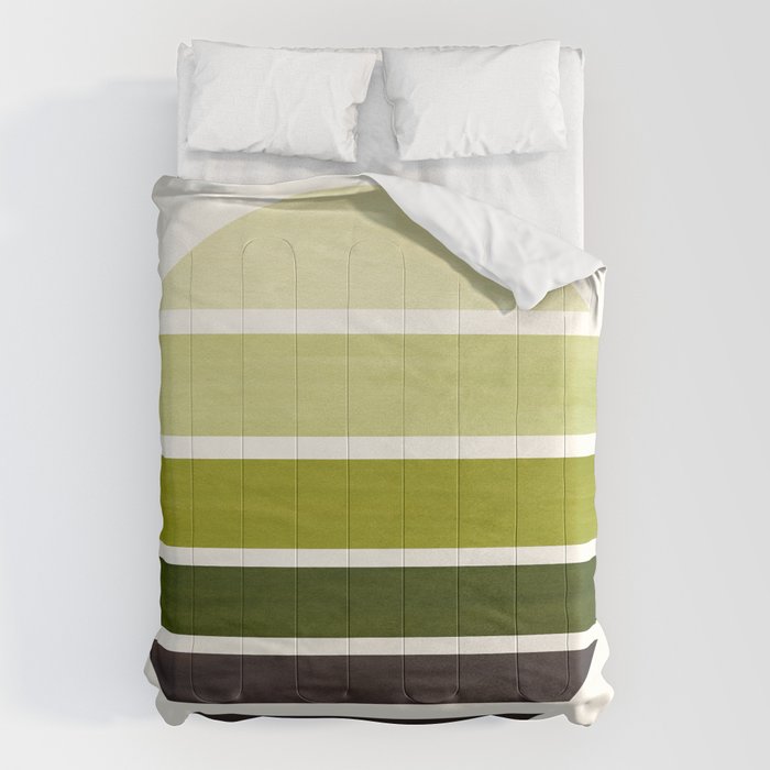 Olive Green Mid Century Modern Minimalist Circle Round Photo Staggered Sunset Geometric Stripe Desig Comforter