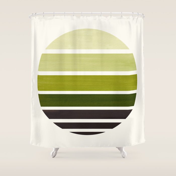 Olive Green Mid Century Modern Minimalist Circle Round Photo Staggered Sunset Geometric Stripe Desig Shower Curtain