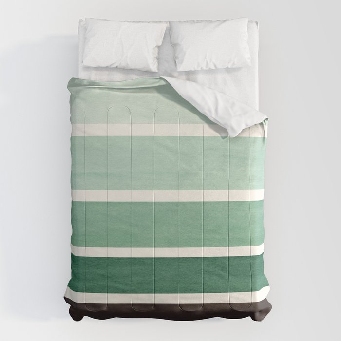 Deep Green Minimalist Watercolor Mid Century Staggered Stripes Rothko Color Block Geometric Art Comforter