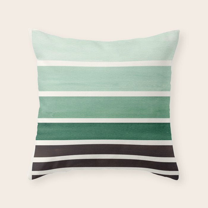 Deep Green Minimalist Watercolor Mid Century Staggered Stripes Rothko Color Block Geometric Art Throw Pillow
