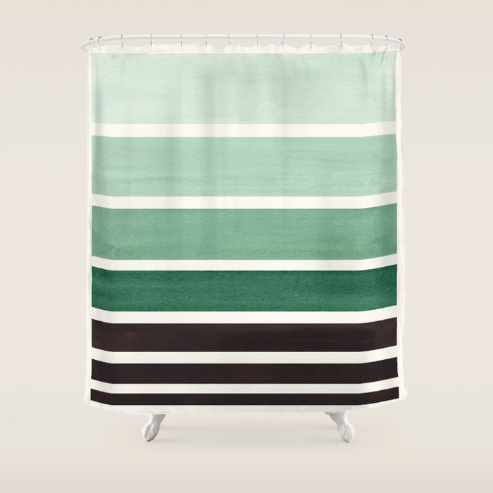 Deep Green Minimalist Watercolor Mid Century Staggered Stripes Rothko Color Block Geometric Art Shower Curtain