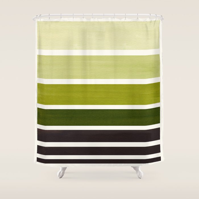 Olive Green Minimalist Watercolor Mid Century Staggered Stripes Rothko Color Block Geometric Art Shower Curtain