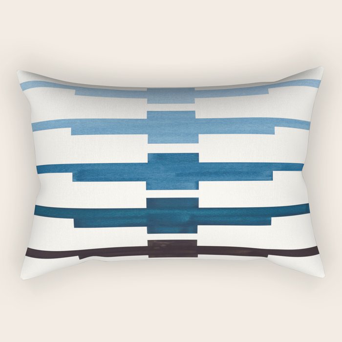 Mid Century Minimalist Ancient Aztec Inca Geometric Pattern Watercolor Blue Green Colorful Gouache P Rectangular Pillow