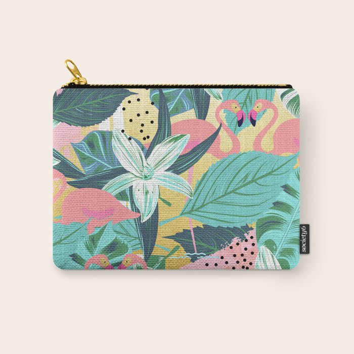 Flamingo Tropical, Colorful Modern Bohemian Eclectic Jungle Graphic Design, Blush Forest Gold Floral Carry All Pouch
