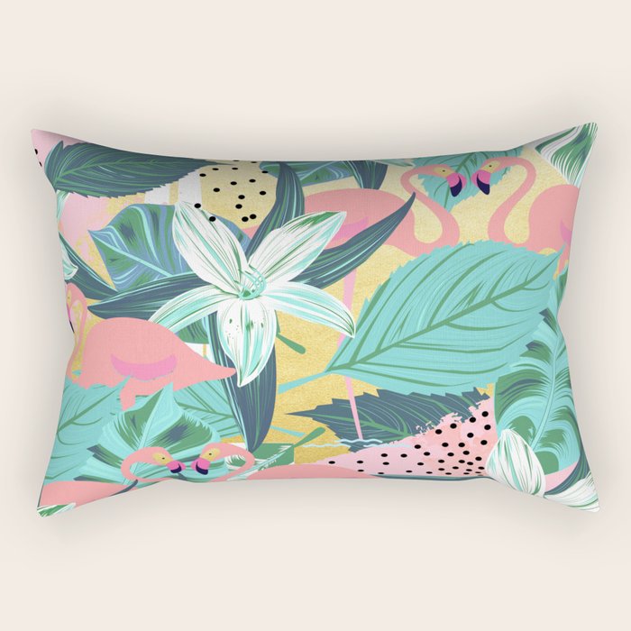 Flamingo Tropical, Colorful Modern Bohemian Eclectic Jungle Graphic Design, Blush Forest Gold Floral Rectangular Pillow