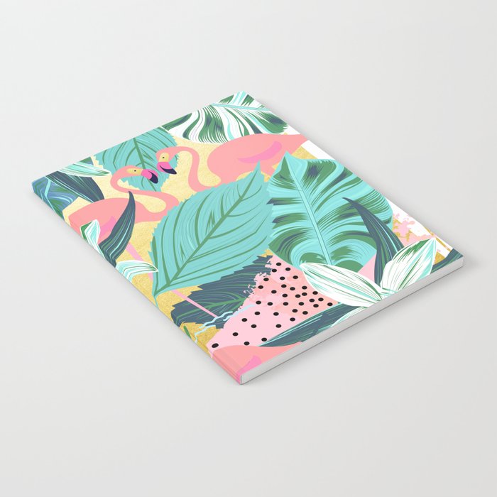 Flamingo Tropical, Colorful Modern Bohemian Eclectic Jungle Graphic Design, Blush Forest Gold Floral Notebook