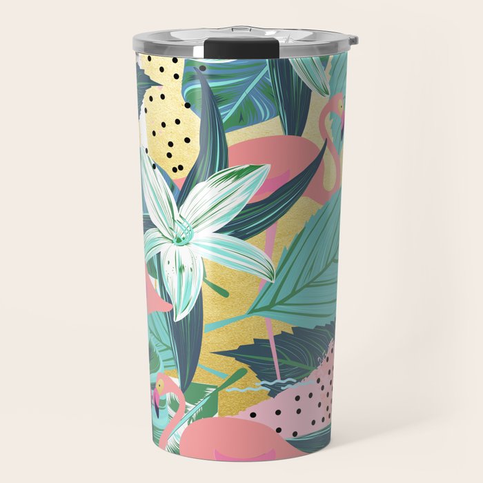 Flamingo Tropical, Colorful Modern Bohemian Eclectic Jungle Graphic Design, Blush Forest Gold Floral Travel Mug