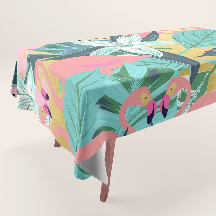 Flamingo Tropical, Colorful Modern Bohemian Eclectic Jungle Graphic Design, Blush Forest Gold Floral Tablecloth