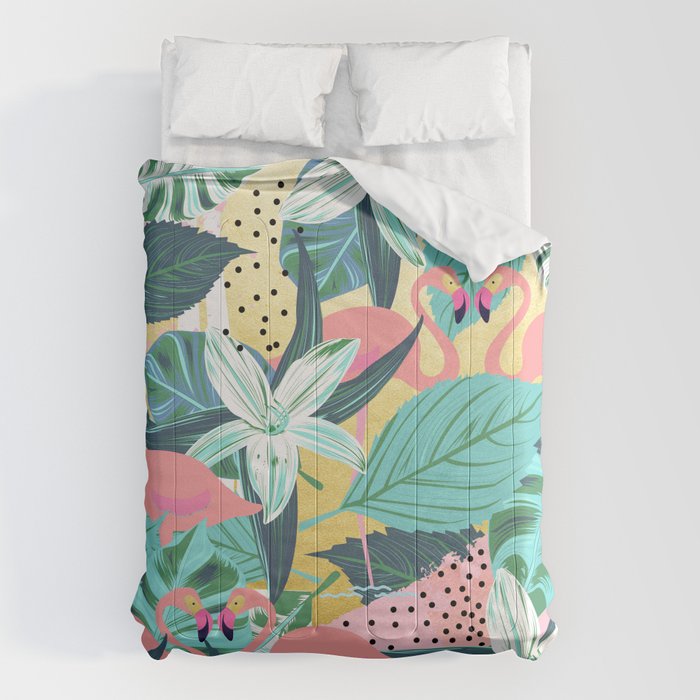 Flamingo Tropical, Colorful Modern Bohemian Eclectic Jungle Graphic Design, Blush Forest Gold Floral Comforter