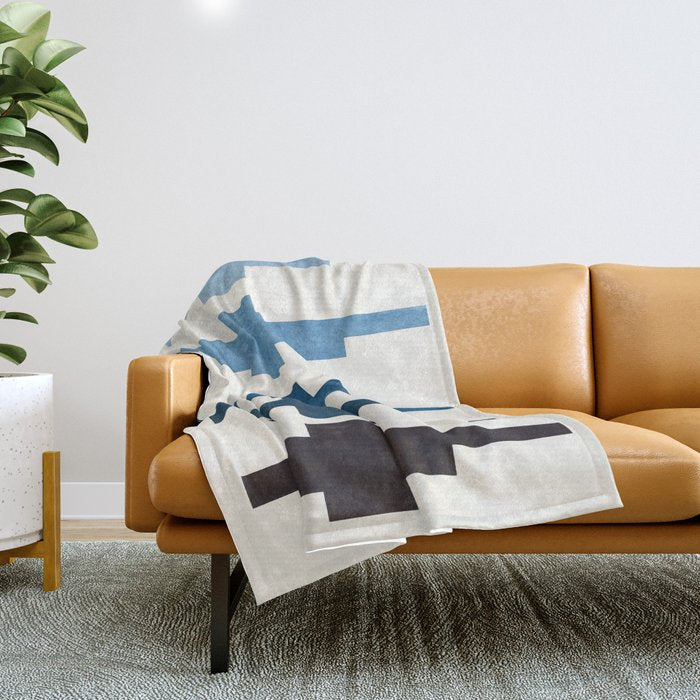 Mid Century Minimalist Ancient Aztec Inca Geometric Pattern Watercolor Blue Green Colorful Gouache P Throw Blanket