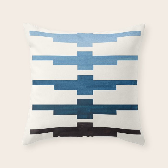 Mid Century Minimalist Ancient Aztec Inca Geometric Pattern Watercolor Blue Green Colorful Gouache P Throw Pillow