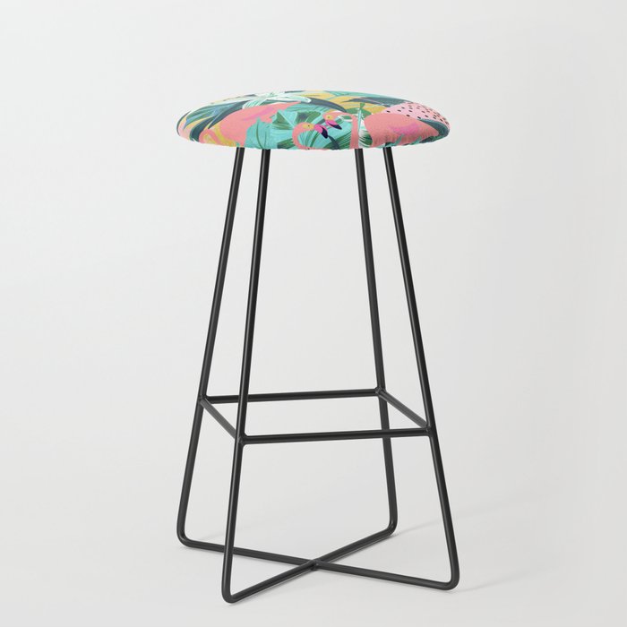 Flamingo Tropical, Colorful Modern Bohemian Eclectic Jungle Graphic Design, Blush Forest Gold Floral Stool