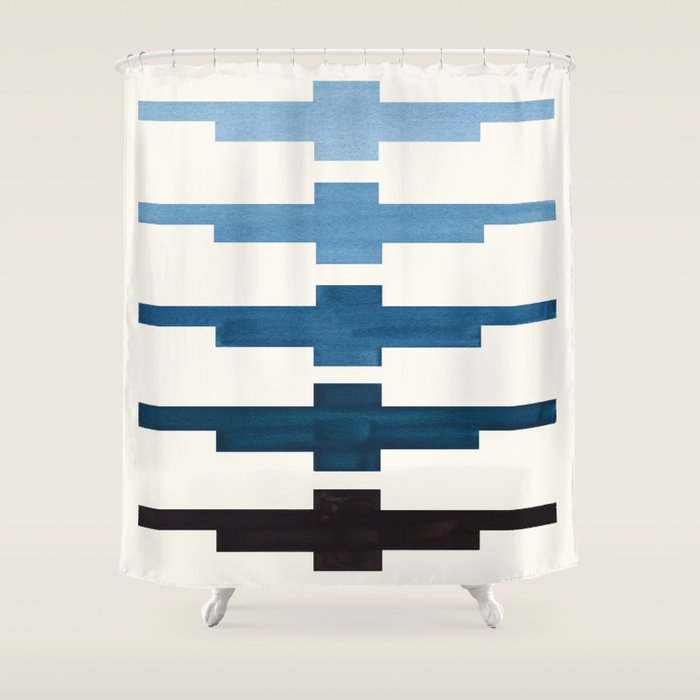 Mid Century Minimalist Ancient Aztec Inca Geometric Pattern Watercolor Blue Green Colorful Gouache P Shower Curtain