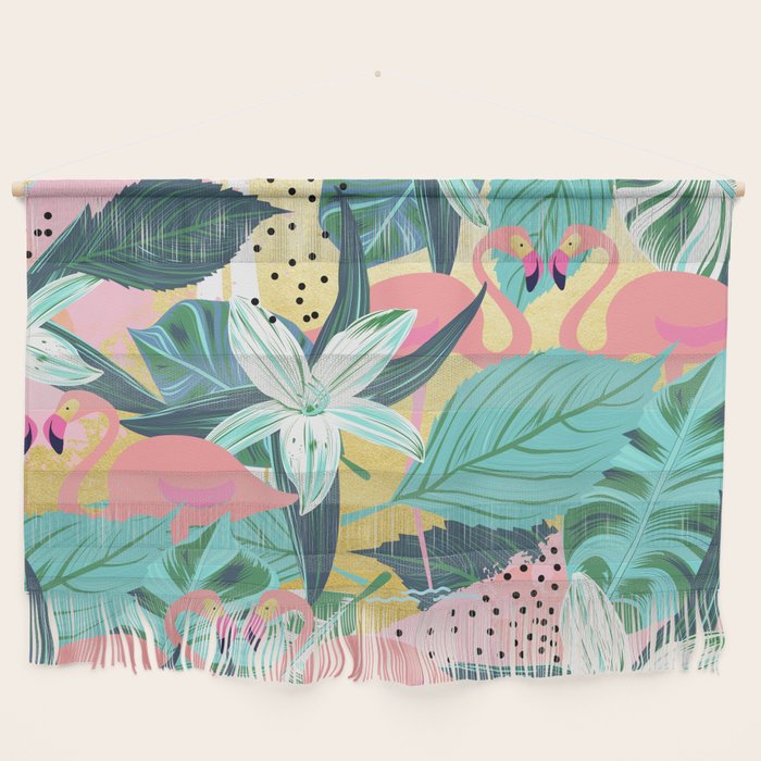 Flamingo Tropical, Colorful Modern Bohemian Eclectic Jungle Graphic Design, Blush Forest Gold Floral Wall Hanging