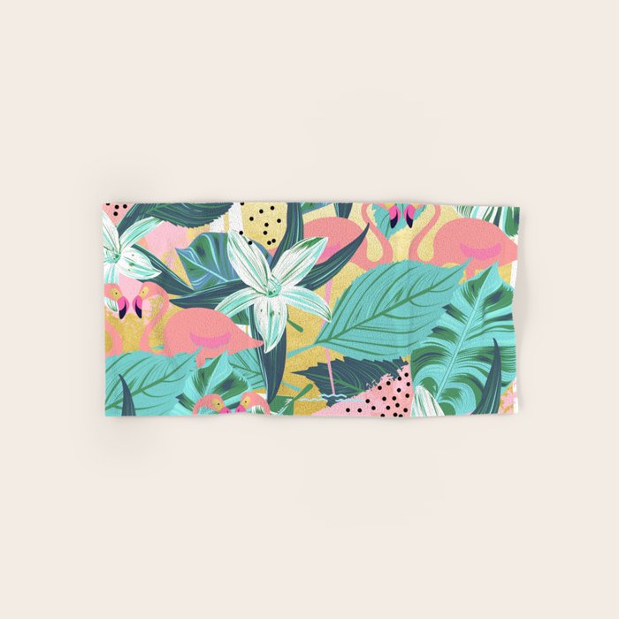 Flamingo Tropical, Colorful Modern Bohemian Eclectic Jungle Graphic Design, Blush Forest Gold Floral Bath Towel