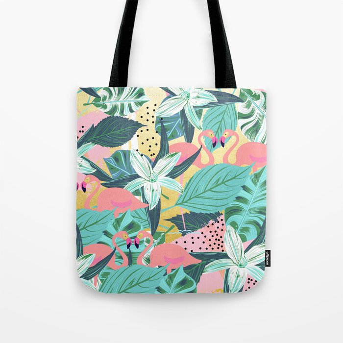 Flamingo Tropical, Colorful Modern Bohemian Eclectic Jungle Graphic Design, Blush Forest Gold Floral Tote Bag