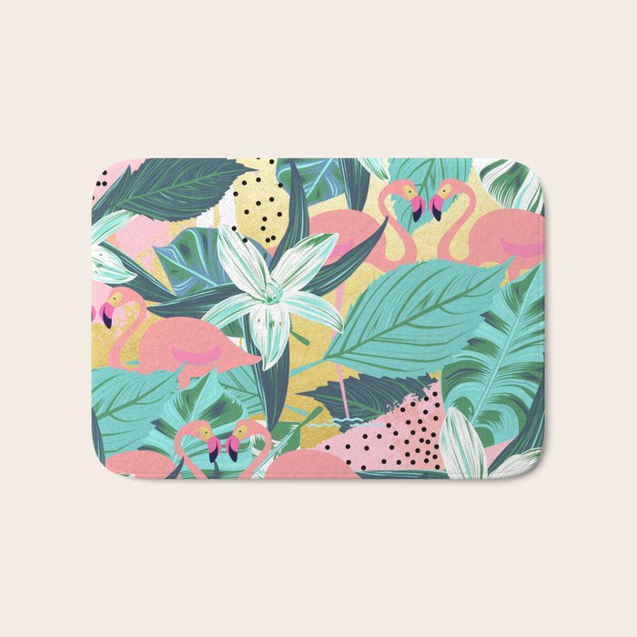 Flamingo Tropical, Colorful Modern Bohemian Eclectic Jungle Graphic Design, Blush Forest Gold Floral Bath Mat