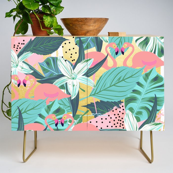 Flamingo Tropical, Colorful Modern Bohemian Eclectic Jungle Graphic Design, Blush Forest Gold Floral Credenza