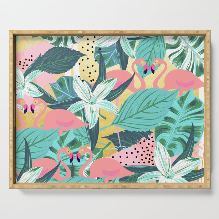 Flamingo Tropical, Colorful Modern Bohemian Eclectic Jungle Graphic Design, Blush Forest Gold Floral Serving Tray