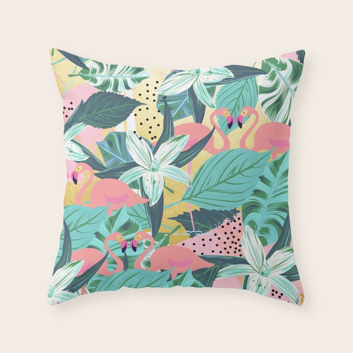 Flamingo Tropical, Colorful Modern Bohemian Eclectic Jungle Graphic Design, Blush Forest Gold Floral Throw Pillow