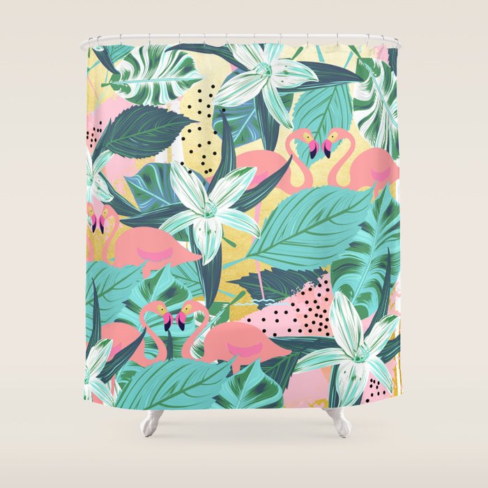 Flamingo Tropical, Colorful Modern Bohemian Eclectic Jungle Graphic Design, Blush Forest Gold Floral Shower Curtain