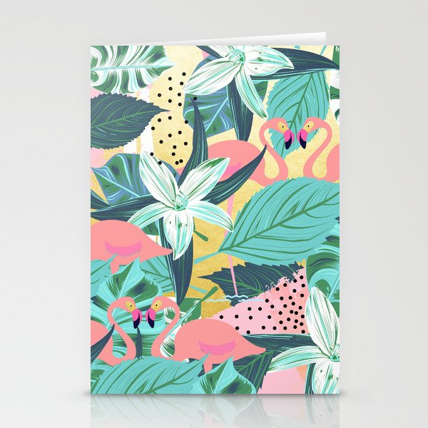 Flamingo Tropical, Colorful Modern Bohemian Eclectic Jungle Graphic Design, Blush Forest Gold Floral Stationery Card