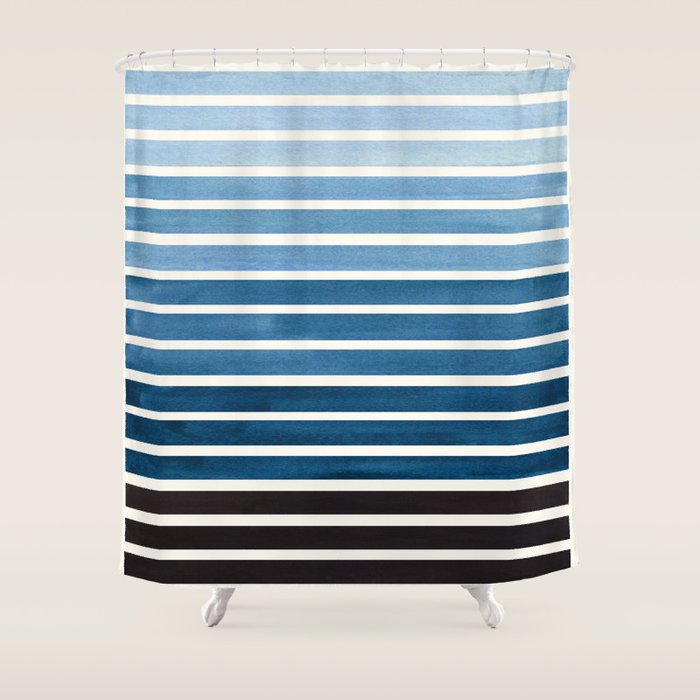 Watercolor Gouache Mid Century Modern Minimalist Colorful Green Blue Stripes Shower Curtain