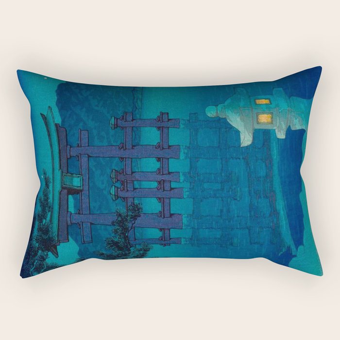 Japanese Woodblock Print Torii In The Lake During Night Blue Monochromatic Rectangular Pillow