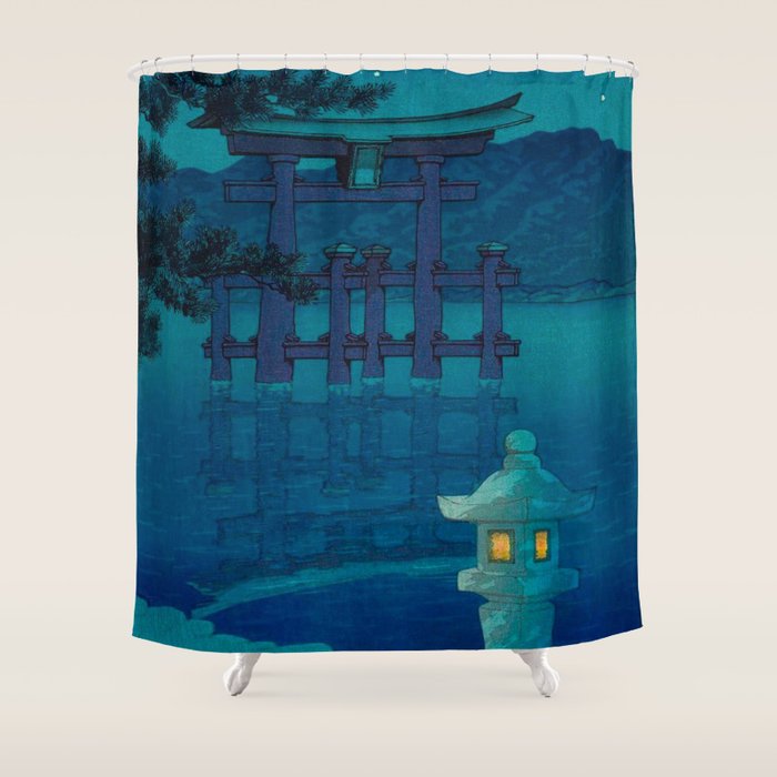 Japanese Woodblock Print Torii In The Lake During Night Blue Monochromatic Shower Curtain