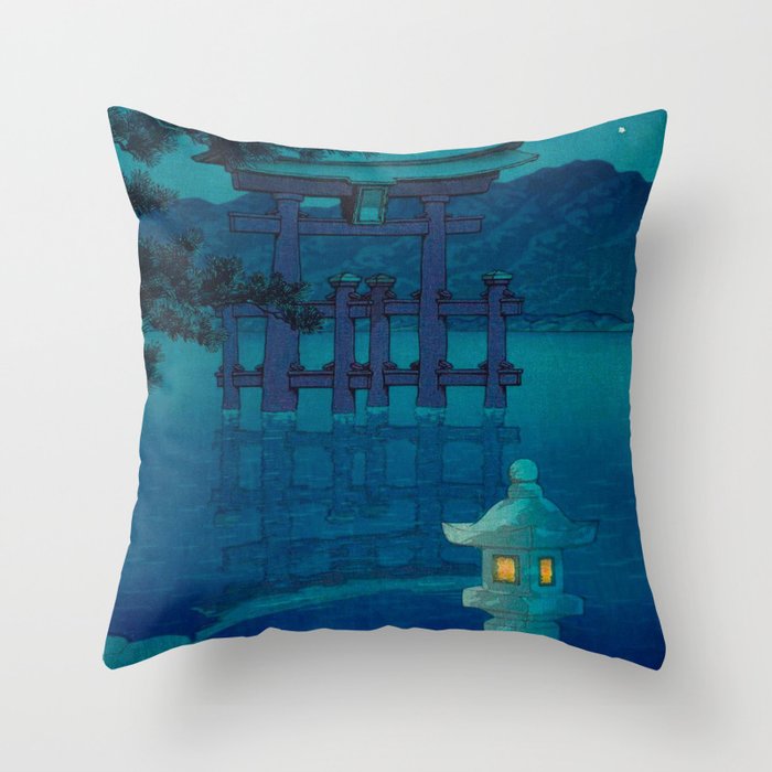 Japanese Woodblock Print Torii In The Lake During Night Blue Monochromatic Throw Pillow