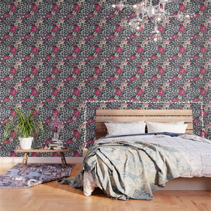 Vintage Black White Pink Floral Cheetah Animal Print Wallpaper