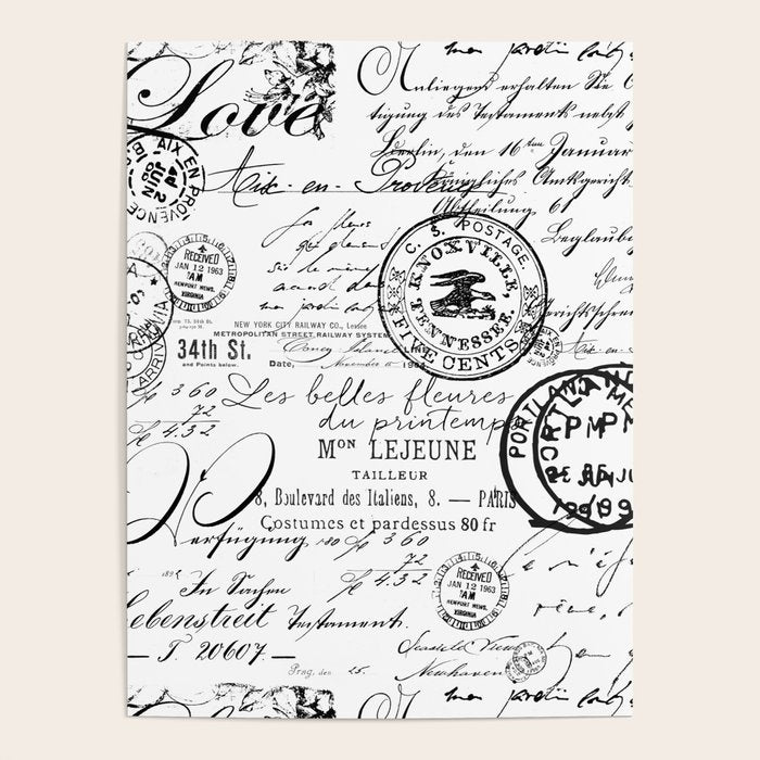 Vintage Handwriting Black And White Poster