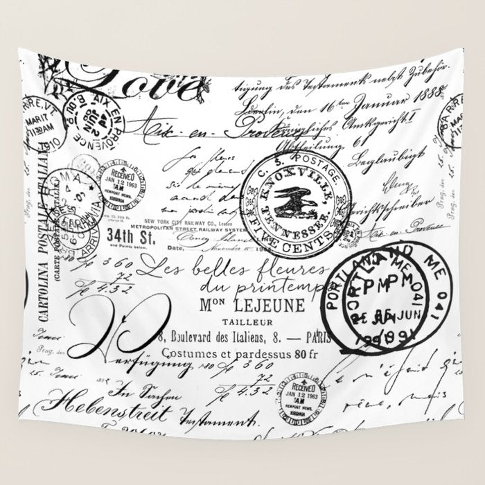 Vintage Handwriting Black And White Wall Tapestry