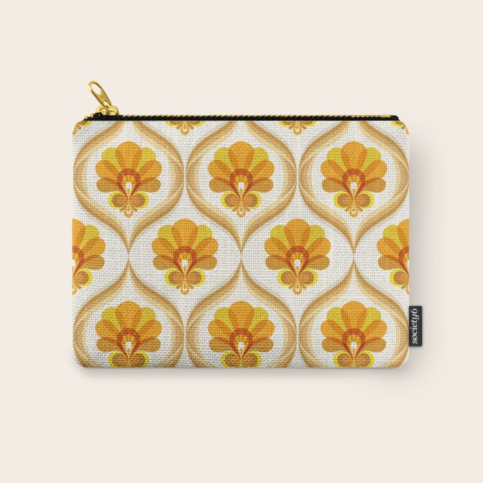 Ivory, Orange, Yellow And Brown Floral Retro Vintage Pattern Carry All Pouch