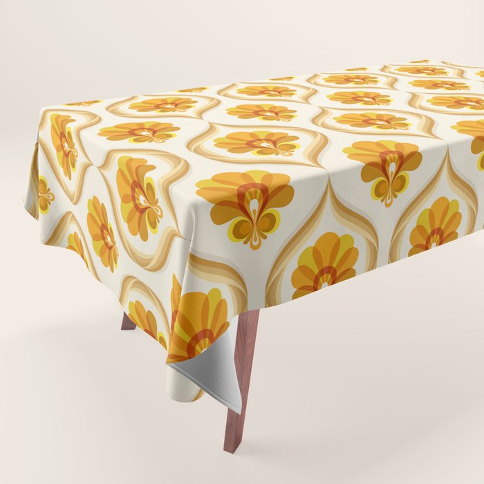 Ivory, Orange, Yellow And Brown Floral Retro Vintage Pattern Tablecloth