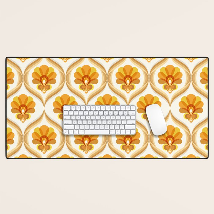 Ivory, Orange, Yellow And Brown Floral Retro Vintage Pattern Desk Mat