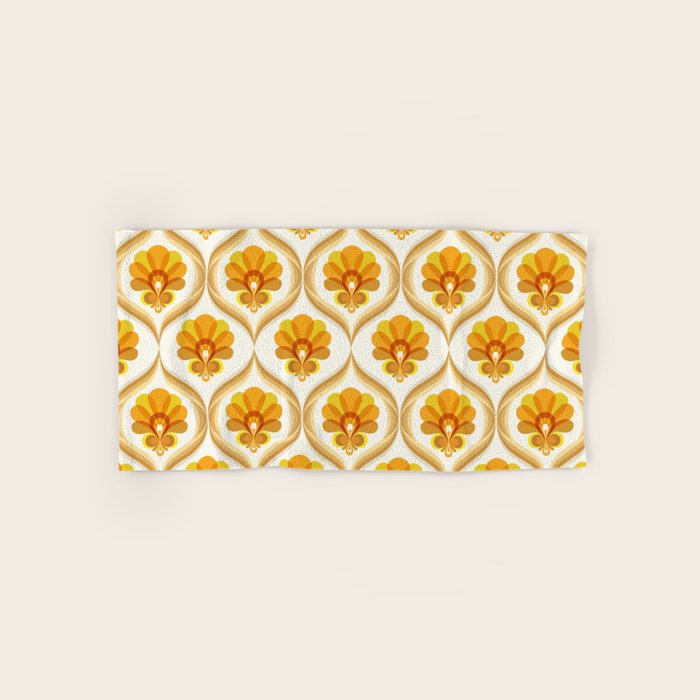 Ivory, Orange, Yellow And Brown Floral Retro Vintage Pattern Bath Towel
